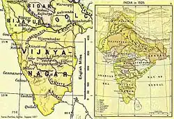 On the right is a map of India which shows it extending from Kashmir in the north to the border with Afghanistan in the west, to Bengal in the east and the Vijayanagara Empire in the South. On the left is a higher resolution map of peninsular India extracted from the first map. It shows the towns and cities of the Vijayanagara Empire, as well as some in the surrounding kingdoms.