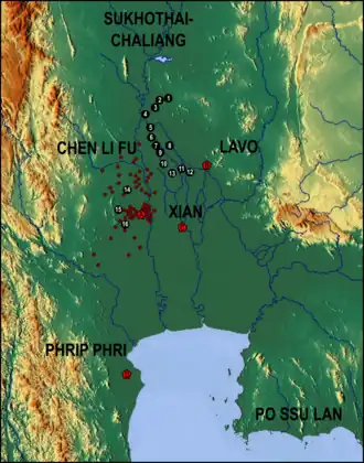 Lower Menam Valley in the 13th century, shows the key polities under Chen Li Fu (number 1 – 16) as well as its small settlements (brown pogs), as proposed by Walailak Songsiri.[1]: 18 