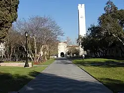Pathway on North Campus that leads to Frary Dining Hall entrance in distance