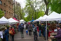 A number of frame tents at the Portland Farmers Market