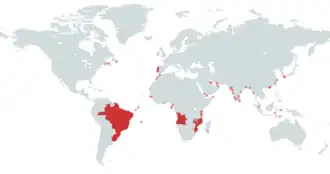 Areas of the world that were part of the Portuguese Empire at some point in history
