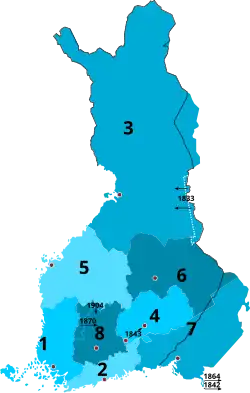 1831-1833 1 Turku and Pori 2 Uusimaa 3 Oulu 4 Mikkeli 5 Vaasa 6 Kuopio 7 Viipuri 8 Tavastia