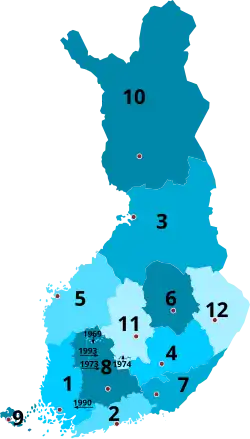 1960-1997   1 Turku and Pori   2 Uusimaa   3 Oulu   4 Mikkeli   5 Vaasa   6 Kuopio   7 Kymi   8 Tavastia   9 Åland 10 Lapland 11 Central Finland 12 Northern Karelia