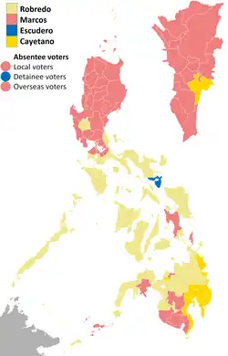 Provinces where Marcos won at least a plurality are in pink.