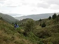 Modern view above the treelike, looking down over the upper glen past the Holy Loch and Dunoon to the Firth of Clyde.