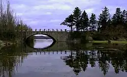 Blue sky and blue water running underneath a stone bridge in the background. Trees on the right side of the image.