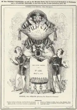 1843: 1 July cover shows Punch straddling a trumpeter.