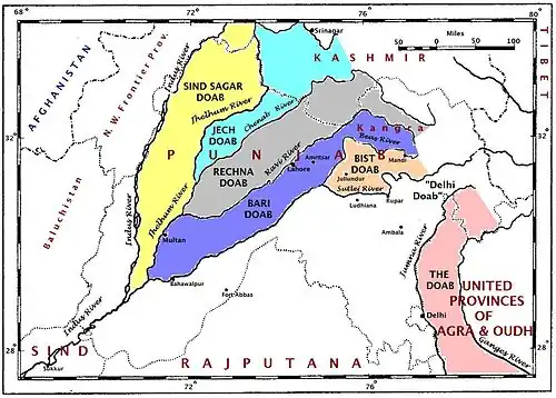 A map of the Punjab region c. 1947 showing the different doabs
