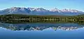 The Trident Range reflected in Pyramid Lake. Left to rightː The Whistlers, Indian Ridge, Muhigan Mountain.