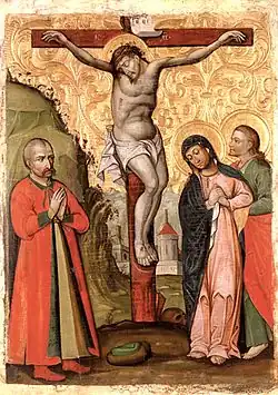 Icon of Crucifixion from Pyriatyn, c. 1699, depicting Lubny colonel Leontiy Svichka on the left