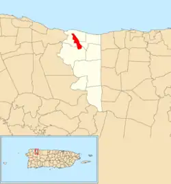 Location of Quebradillas barrio-pueblo within the municipality of Quebradillas shown in red