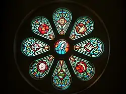 Detail of the Marian rose window in the choir loft. This window is above the main front doors.
