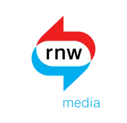 Two circular arrows, one red, one blue, with the letters r n w within them, abbout the same size as the arrows, and the word media below right in blue