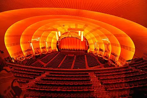 Auditorium and stage of Radio City Music Hall in New York City by Edward Durell Stone and Donald Deskey (1932)