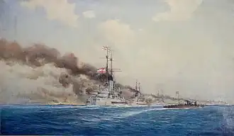 A painting depicting multiple warships in a row shelling a coastline. Smoke can be seen coming out of both the land and the guns of each ship.
