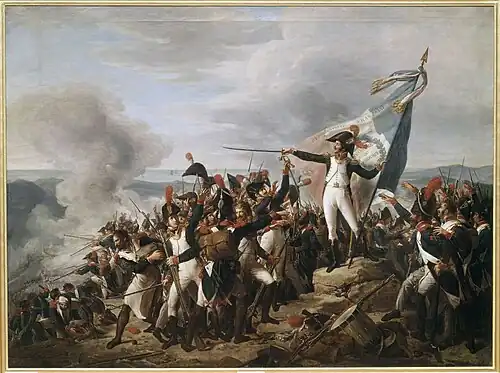 Brigade leader Rampon defends the redoubt of Monte-Legino against the Austro-Sardins, near Montenotte on 10 April 1796. Smoke rises in the background, and Rampon stand above charging troops, pointing at the enemy with a longsword.