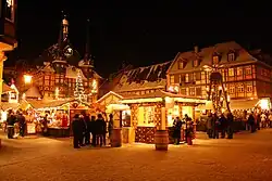 Town hall and Christmas market at night