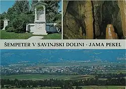1969 postcard of Šempeter v Savinjski Dolini. Clockwise from top: Roman necropolis in Šempeter, Hell Cave (in Zalog pri Šempetru), panoramic view of Šempeter