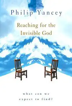 The words "Philip Yancey" in blue above the words "Reaching for the Invisible God" in brown above two brown chairs above the words "what can we expect to find?" in blue