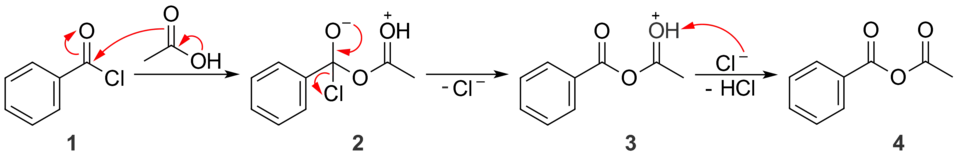 Benzoyl chloride and acetic acid react to give a mixed anhydride.