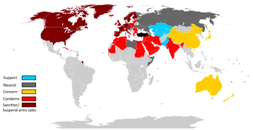 A map depicting International reactions to Turkey's 2019 operation in northern Syria.