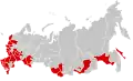 Federal subjects in which the Communist Party won more than the national average (22.39%) in the 1995 legislative election (in red).