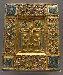 An 11th-century reliquary of gold and cloisonné over wood, from the Duchy of Brabant, Maastricht Cathedral, now housed in the Louvre.