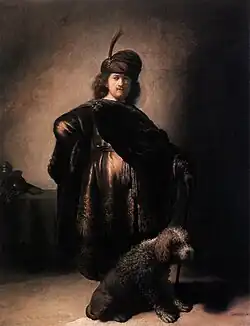 Self-Portrait in Oriental Costume with Poodle (1631-1633) Last self-portrait produced in his hometown and only full-length self-portrait. Exotic dress and spacious setting indicate a portrait historié.
