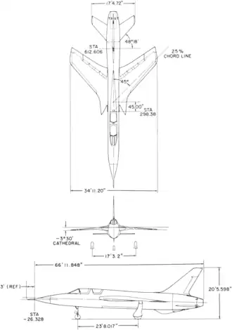 3-view line drawing of the Republic F-105F Thunderchief