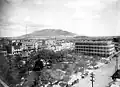View of the south end of Franklin Mountains from El Paso, showing the abrupt termination of the range, its westward dip slope and terraced bolson deposits on each side. (1908)[5]
