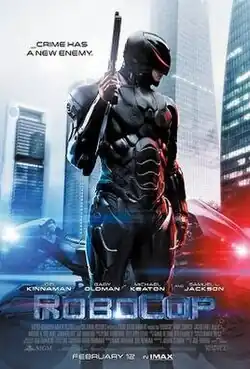 Robocop, holding his gun, getting out of his police motorbike and looking right. Behind him is a city, and he is surrounded by the film's name, slogan and credits and the release date.