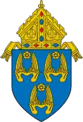 The arms of the Archdiocese of Los Angeles: The arms feature three pairs of wings, denoting three angels, and referencing the namesake of the see, Los Angeles, California, which translates to "the angels."