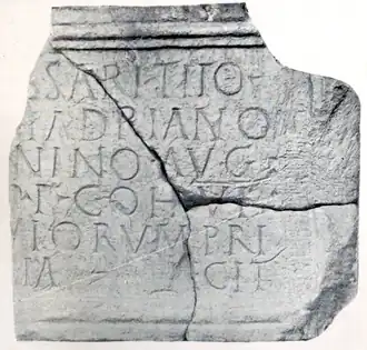 Tablet from Rough Castle’s ‘Principia’ (headquarters). RIB 2145, dedicated to the emperor Antoninus Pius.[9] George MacDonald calls it no. 29 in the 2nd edition of his book The Roman Wall in Scotland.[10] It has been scanned and a video produced.[11]