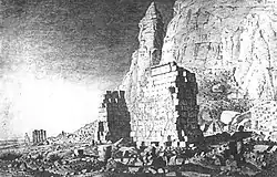 Ruins of Temple B700 of Jebel Barkal with relief of Senkamanisken clubbing enemies, drawn in 1821 by Louis Maurice Adolphe Linant de Bellefonds