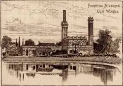 A postcard showing the Ruston building at Hampton waterworks 1884