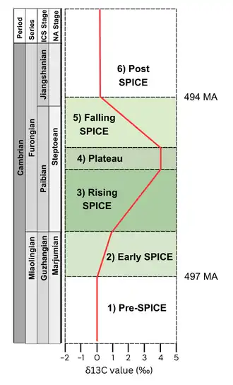 Figure showing the six stages of the SPICE: pre-SPICE, early SPICE, rising SPICE, plateau, falling SPICE, and post SPICE. Graph line shows how values of δ13C shift through each stage.