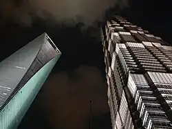 The SWFC and Jin Mao Tower, displaying the latter's latticework cladding of aluminum alloy pipes.