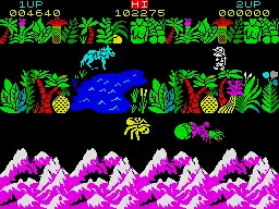 Atop a black background, dense and bright plant foliage mark borders around two horizontal paths. In the top path, drawn in black (negative) space, a blue wolf faces a pith-helmeted person drawn in white (Sabreman). In the bottom row, a yellow spider, approaches a blob of graphical collisions. Bordering the bottom of the screenshot are purple and white mountains, and atop the screen are "1UP", "2UP", and "HI" with numbers indicating the players' and high scores.