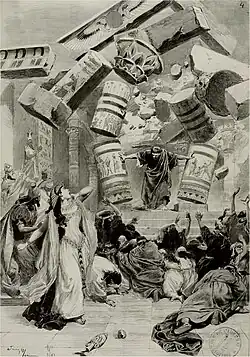 Press illustration of opera production, showing singer playing Samson demolishing the enemy temple