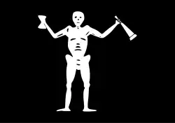 Another flag used by Samuel Bellamy, described as “A black Ensign, with Death holding an Hour-Glass in one Hand and a [speaking] Trumpet in the other”.[25]