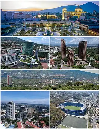 Top, left to right: National Palace of El Salvador, Zona Rosa (San Salvador), Temple of El Salvador, Metropolitan Cathedral of San Salvador, Skyline of San Salvador, Zona Rosa and Cuscatlán Stadium