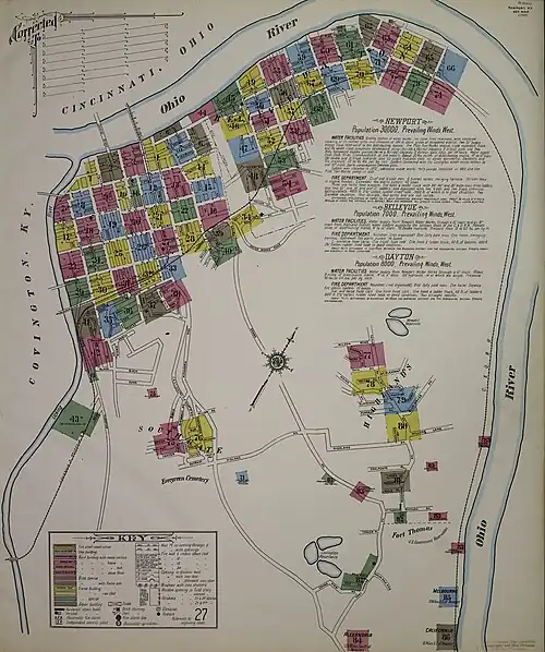 Newport fire insurance map 1910; reported gunshots, 1921 Yellow: shots at strikebreakers; Red: shots at strikers, citizens