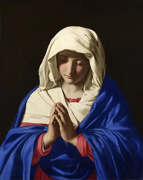 Sassoferrato's depiction of the Blessed Virgin Mary, The Virgin in Prayer, c. 1654. Her blue cloak is painted in ultramarine.[33]