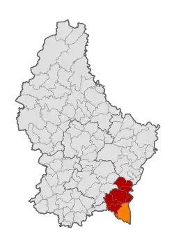 Map of Luxembourg with Schengen highlighted in orange, and the canton in dark red