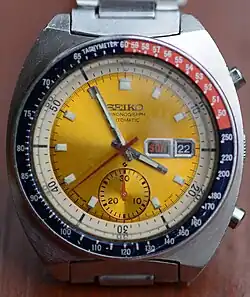 The Pogue Seiko, a 'Seiko Automatic-Chronograph' Cal. 6139, the first automatic chronograph in space, used by Bill Pogue[45][46]