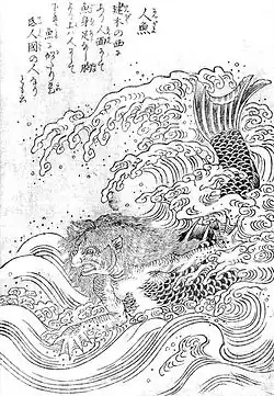 Ningyo (人魚, human fish or mermaid) is a sea creature which is human from the chest up, and a fish below.[6]