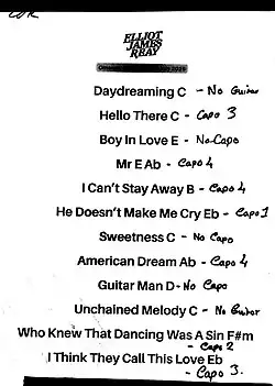 Picture of a set list that was taped to the stage during the performance