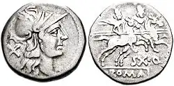 Denarius of Sextus Quinctilius. The obverse shows a helmeted head. The reverse shows the Dioscuri riding on horseback.