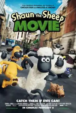 Theatrical release poster showing Shaun, Bitzer, Timmy, Slip, Shirley, and other sheep are running, and Trumper catches them.