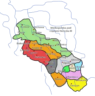 Silesian duchies in 1309–11, Oświęcim before its separation from the Duchy of Cieszyn (yellow)